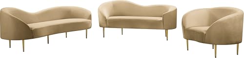 Meridian Furniture 659Camel-S Ritz Collection Modern | Contemporary Upholstered Sofa with Rich Camel Velvet, Gold Metal Legs, Curved Contemporary Design, 85.5" W x 31.75" D x 30.5" H, Camel