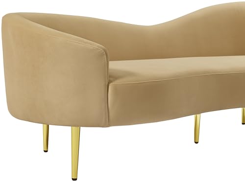 Meridian Furniture 659Camel-S Ritz Collection Modern | Contemporary Upholstered Sofa with Rich Camel Velvet, Gold Metal Legs, Curved Contemporary Design, 85.5" W x 31.75" D x 30.5" H, Camel