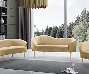 Meridian Furniture 659Camel-S Ritz Collection Modern | Contemporary Upholstered Sofa with Rich Camel Velvet, Gold Metal Legs, Curved Contemporary Design, 85.5" W x 31.75" D x 30.5" H, Camel