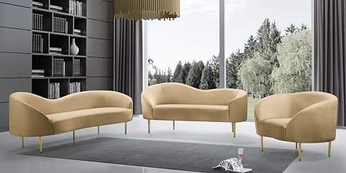 Meridian Furniture 659Camel-S Ritz Collection Modern | Contemporary Upholstered Sofa with Rich Camel Velvet, Gold Metal Legs, Curved Contemporary Design, 85.5" W x 31.75" D x 30.5" H, Camel