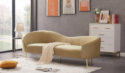 Meridian Furniture 659Camel-S Ritz Collection Modern | Contemporary Upholstered Sofa with Rich Camel Velvet, Gold Metal Legs, Curved Contemporary Design, 85.5" W x 31.75" D x 30.5" H, Camel