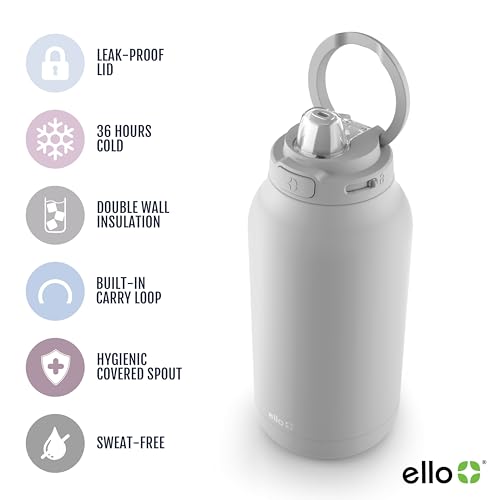 Ello Hydra 64oz Half Gallon Vacuum Insulated Stainless Steel Jug with Locking, Leak-Proof Lid and Soft Silicone Straw, Metal Reusable Water Bottle, Keeps Cold All Day, Grey