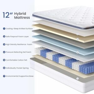 Dourxi Queen Mattress, 12 Inch Hybrid Queen Size Mattress in a Box with Gel Memory Foam, Individually Pocketed Springs for Support and Pressure Relief - Medium Plush