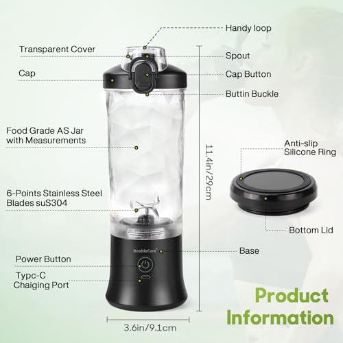 20 Oz Portable Blender for Shakes and Smoothies,4000mAh Electric Juicer, 270W Motor Smoothie Blender with BPA-Free & IP67 Waterproof, USB Fresh Juice Blender with 2 Mixing Modes for Travel, Gym, Black