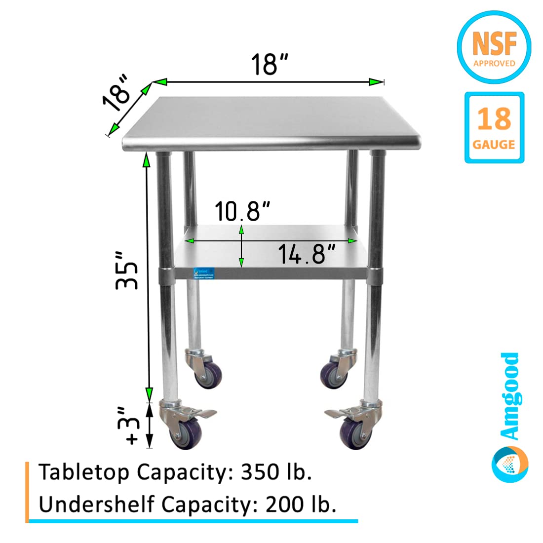 AmGood 18" x 18" Stainless Steel Work Table with Casters | Heavy Duty Metal Utility Table On Wheels | Kitchen Island Cart