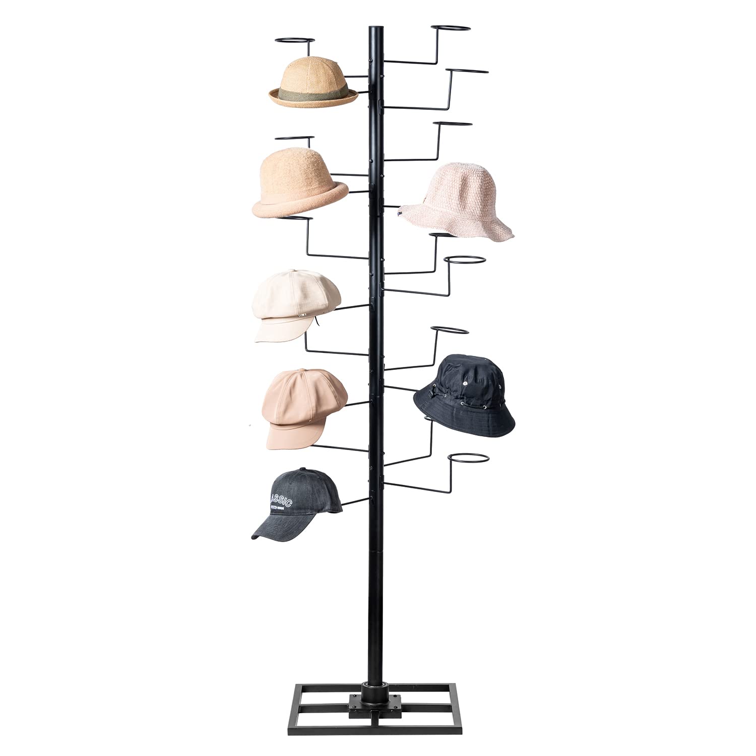 MyGift 6 Foot Modern Freestanding Black Metal Hat Organizer Rack, 360 Degree Rotating Wig or Cowboy Hat Display Stand with 20 Customizable Circular Hooks