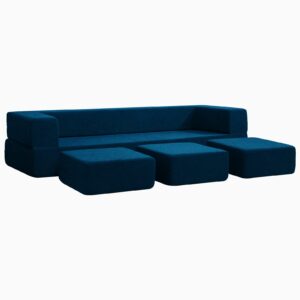 balus folding bed couch, sleeper foam sofa bed, cushioned foam mattress comfortable sofa, floor couch sleeper sofa foam with 3 ottomans for living room/bedroom/guest room/home office (blue)