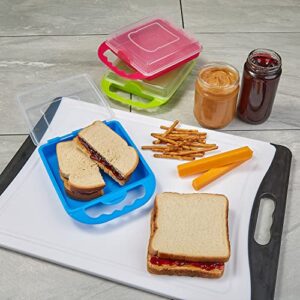 Kitchen & Cabana I 3 Pack of Sandwich Containers I Reusable I BPA Free I Perfect for Smaller Sized Sandwiches I 3 Bright Colors I Easy to Open Lids I Snap Shut with Fun Carrying Handle (3 Pack -