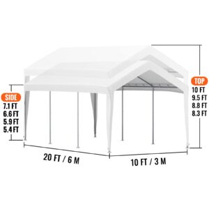 VEVOR 10 x 20 ft Carport Car Canopy, Heavy Duty Garage Shelter with 8 Legs, Car Garage Tent for Outdoor Party, Birthday, Garden, Boats, Adjustable Peak Height from 8.3 ft to 10 ft, White