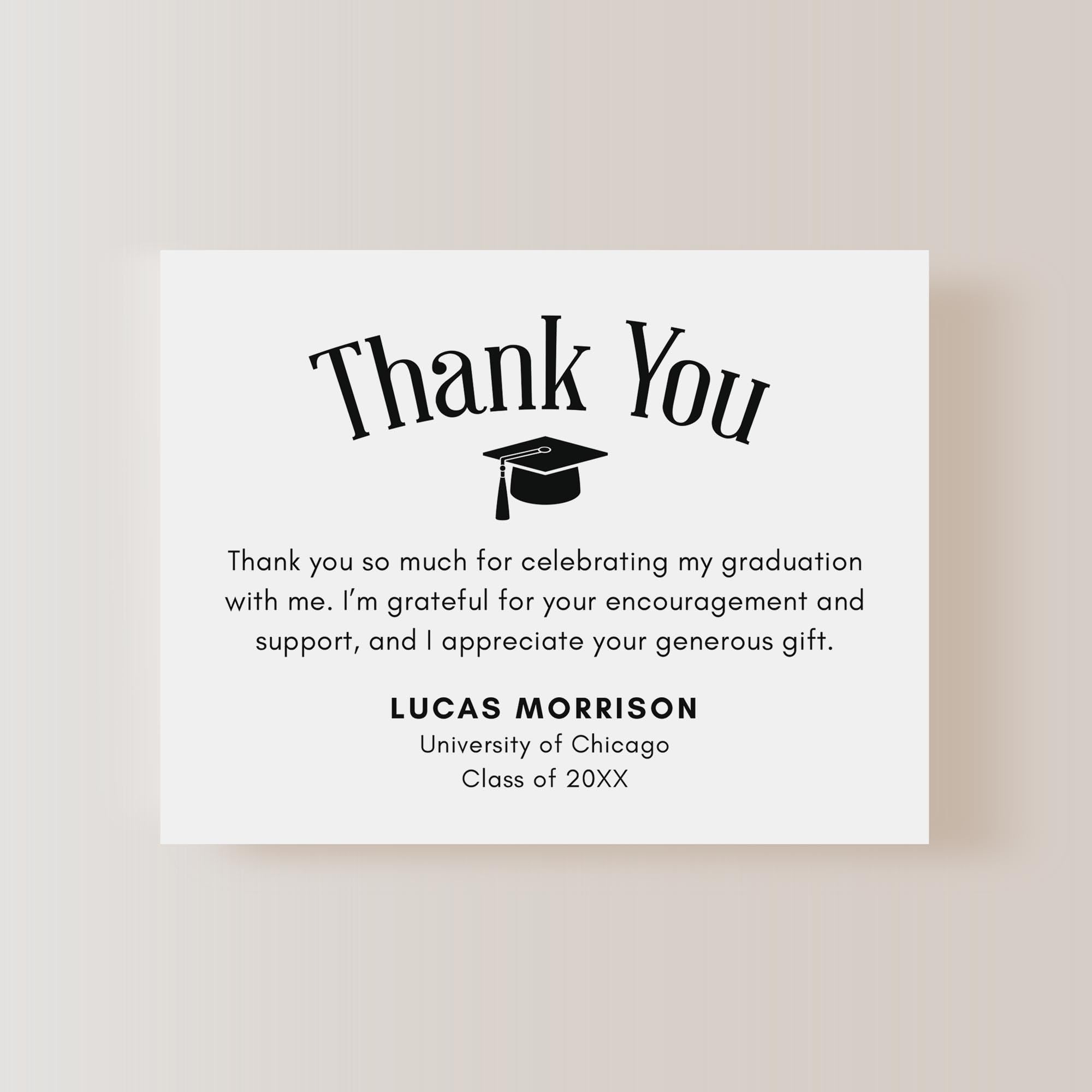 Hello Love Goods Graduation Thank You Cards Personalized with Name and School, 5.5x4.25 Black and White Flat Thank You Note Cards with Envelopes