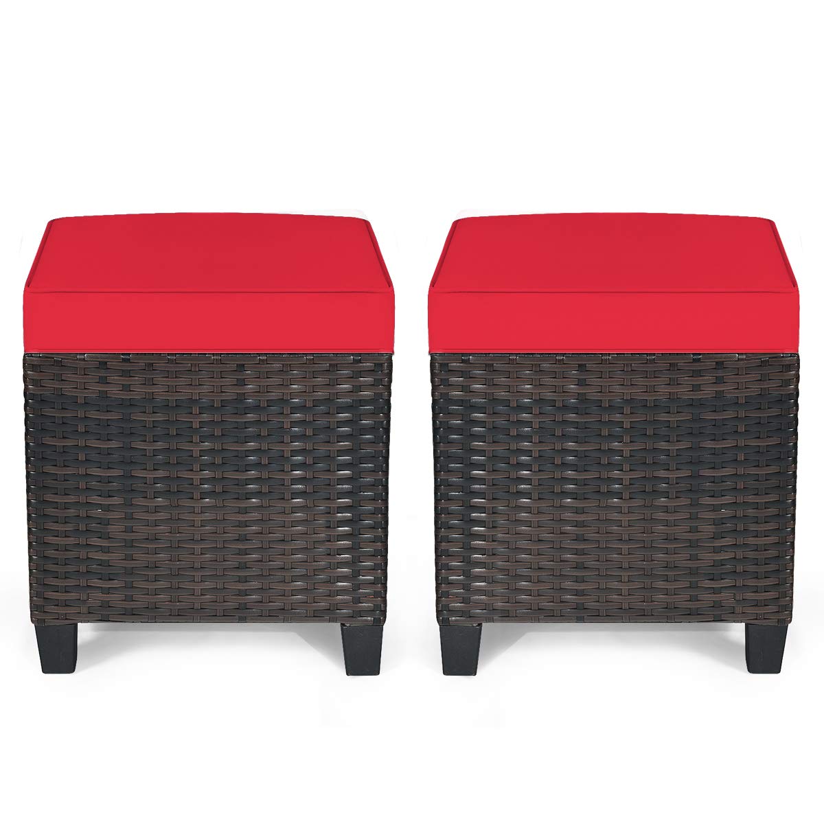 RELAX4LIFE 2-Piece Patio Ottoman Set - Wicker Footstools, All Weather PE Rattan Ottoman with Removable Cushions, Square Footrest Seat, Outdoor Stools for Garden, Porch, Pouf Ottoman (Red)