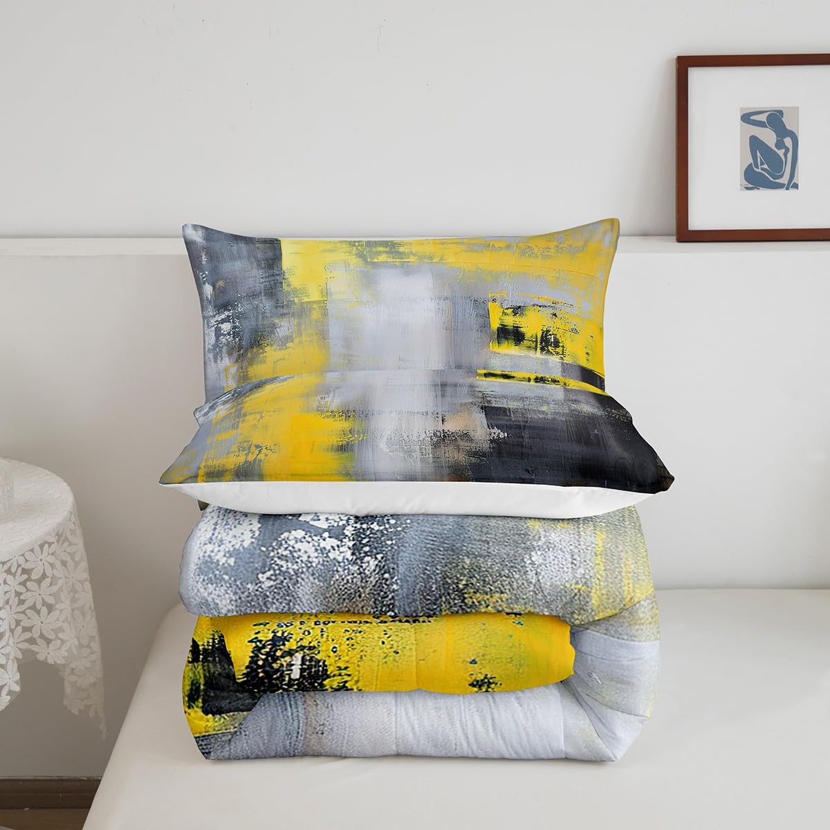 Homewish Modern Abstract Art Comforter Set Queen Size,Yellow and Black Ombre Bedding Set for Kids Boys Girls Bedroom Decoration,Retro Graffiti Bed Duvet Insert,Painting Comforter with 2 Pillowcase