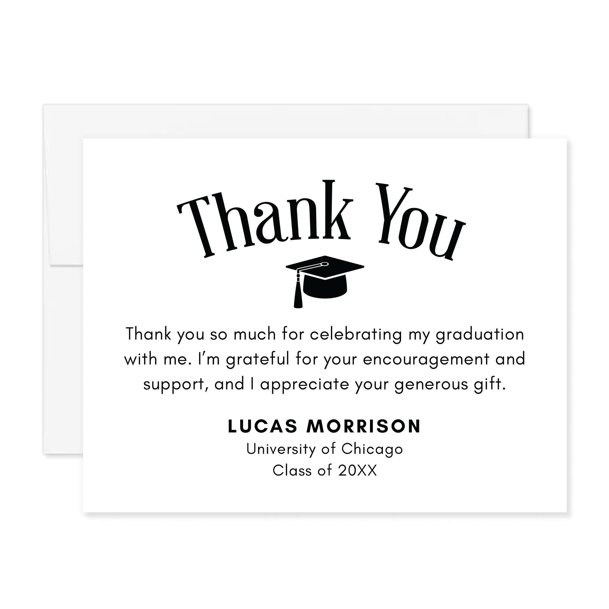 Hello Love Goods Graduation Thank You Cards Personalized with Name and School, 5.5x4.25 Black and White Flat Thank You Note Cards with Envelopes