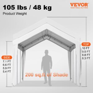 VEVOR 10 x 20 ft Carport Car Canopy, Heavy Duty Garage Shelter with 8 Legs, Car Garage Tent for Outdoor Party, Birthday, Garden, Boats, Adjustable Peak Height from 8.3 ft to 10 ft, White