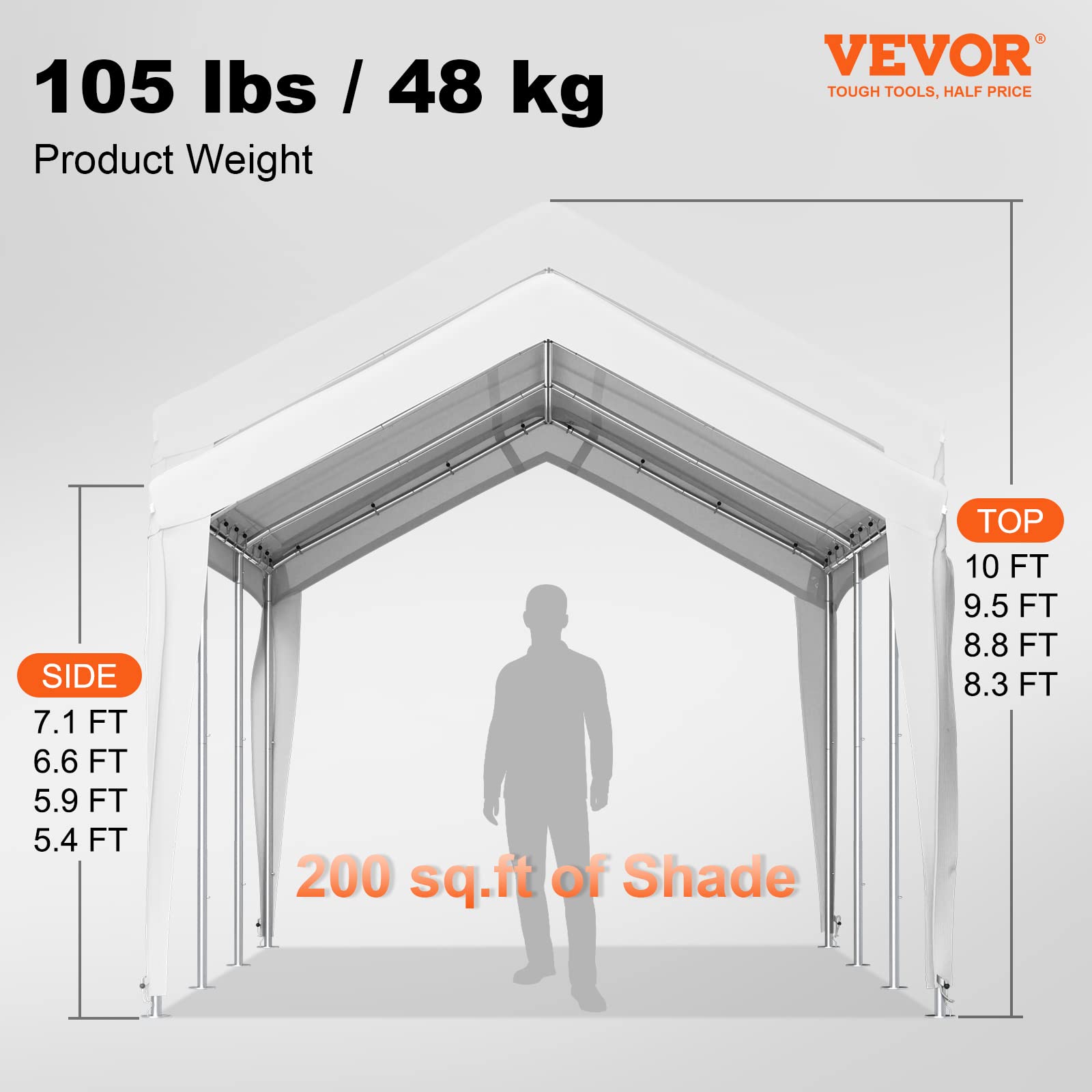 VEVOR 10 x 20 ft Carport Car Canopy, Heavy Duty Garage Shelter with 8 Legs, Car Garage Tent for Outdoor Party, Birthday, Garden, Boats, Adjustable Peak Height from 8.3 ft to 10 ft, White