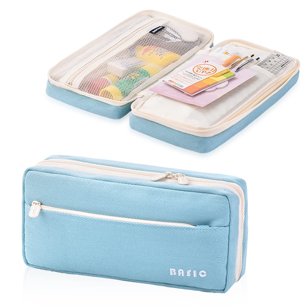 iSuperb Big Capacity Pencil Case Large Pencil Pouch Passport Bag Zipper Storage Cosmetic Makeup Bag Organizers for Women (Light Blue)