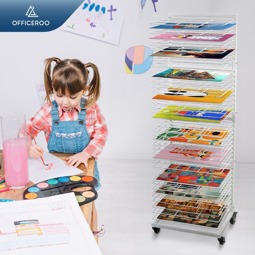 OFFICEROO Art Drying Rack for Classroom - 36 Removable Shelves - Efficient and Organized Drying Rack Art for Students' Masterpieces - Sturdy Paint Drying Rack with Lockable Wheels