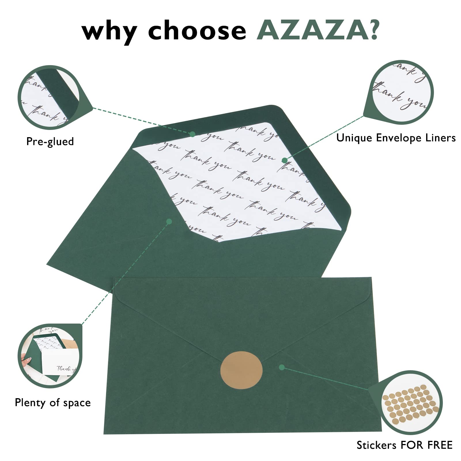 AZAZA 50 PK Thank You Cards with Envelopes Chic Liners, Minimalistic Thank You Notes 4x6 Inch, Green Thank You Cards with Envelopes for Wedding, Baby Shower, Graduation