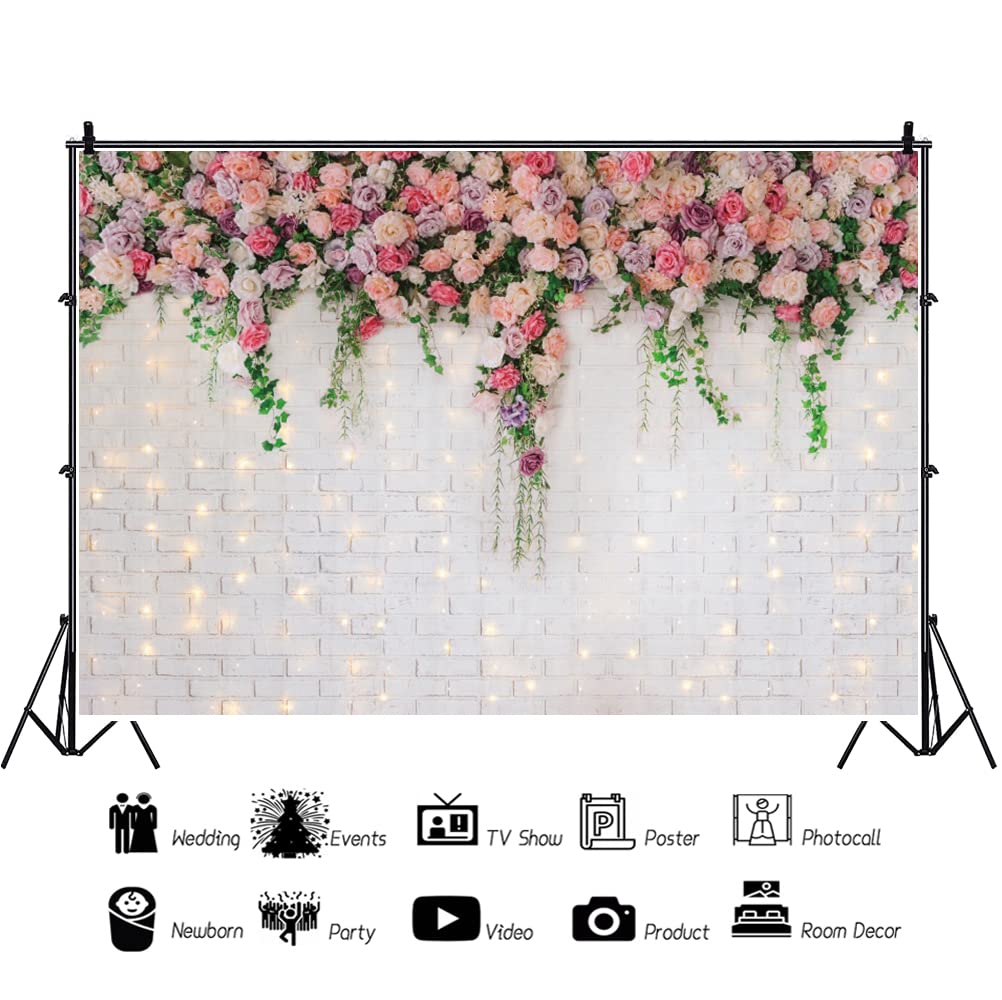 Renaiss 10x8ft Pink Flowers Brick Wall Backdrop Glitter White Brick Wall Rose Floral Wedding Photography Background for Mother's Day Bridal Baby Shower Anniversary Party Decor Photo Booth Props