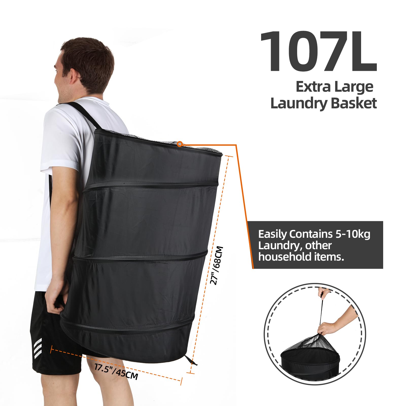 BATTOO Extra Large 107L Strong Laundry Hamper 17.5" x 27" Collapsible Laundry Baskets with Long Straps Drawstring Barrel Foldable Hamper for Laundry Room, Bathroom, Campout, College Dorm or Travel