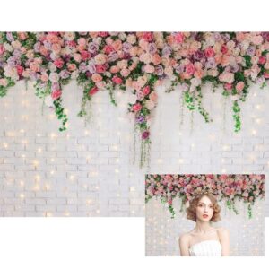 renaiss 10x8ft pink flowers brick wall backdrop glitter white brick wall rose floral wedding photography background for mother's day bridal baby shower anniversary party decor photo booth props