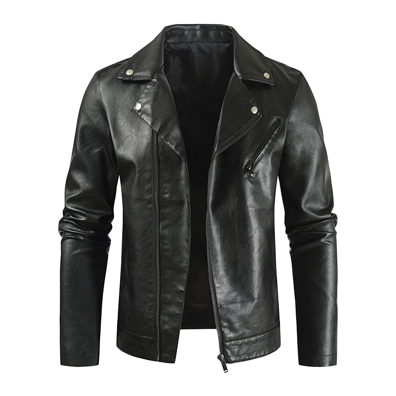 Maiyifu-GJ Men Faux Leather Motorcycle Jacket Vintage Notched Lapel Pu Biker Coat Lightweight Asymmetric Zipper Slim Outwear (Black,Medium)