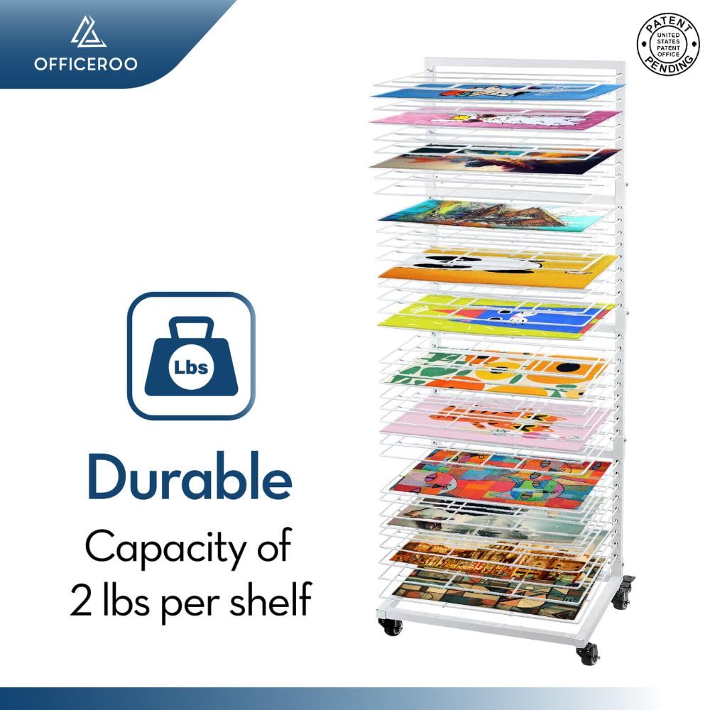 OFFICEROO Art Drying Rack for Classroom - 36 Removable Shelves - Efficient and Organized Drying Rack Art for Students' Masterpieces - Sturdy Paint Drying Rack with Lockable Wheels