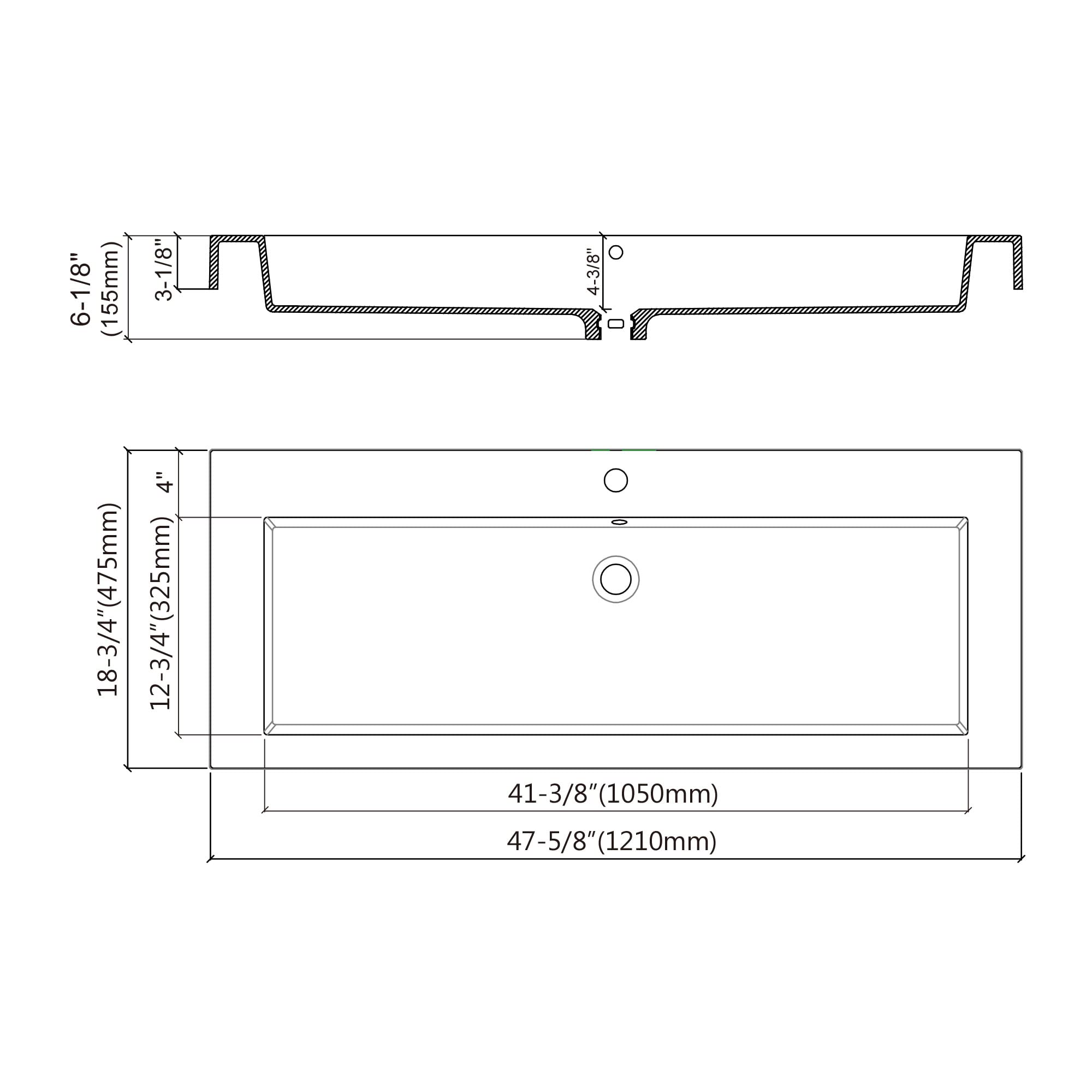 Dowell Long Topmount Single Bathroom Vanity Basin - White Resin, 48 x 18