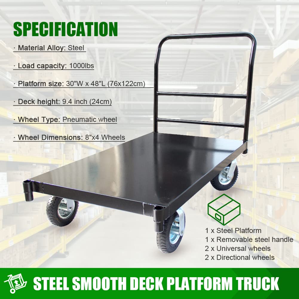 DMC-FPPS Steel Platform Truck/Smooth Deck Platform Truck Industrial Push Cart 48" L x 30" W Portable Dolly Large Flatbed with 8" Wheels 1000lb Capacity, Black