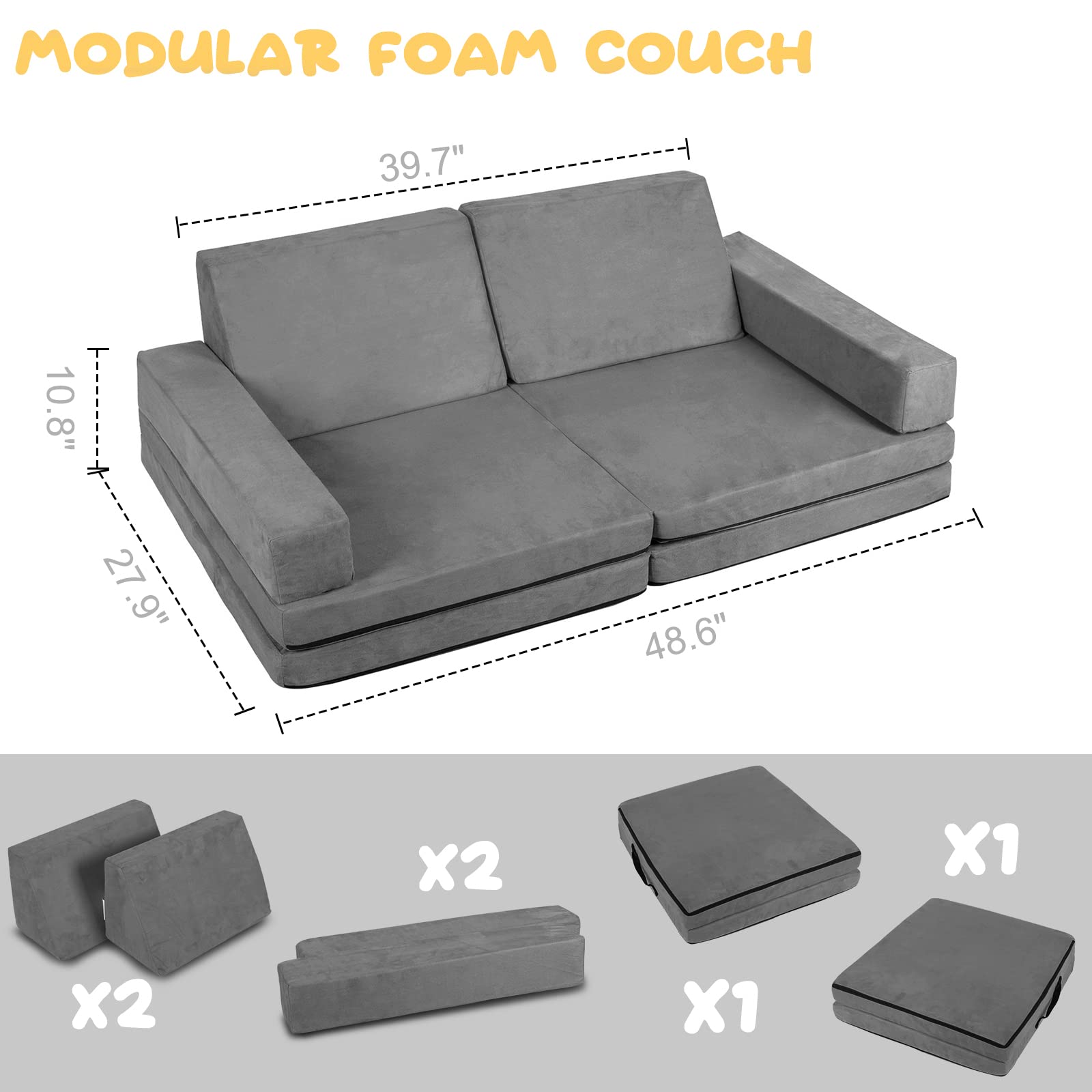 Polar Aurora Kids Couch Sofa 6-Piece Fold Out Couch Play Set for Imaginative Kids,Modular Foam Play Couch,Toddler to Teen Bedroom Furniture,Girls and Boys Playroom Sofa M (Gray)