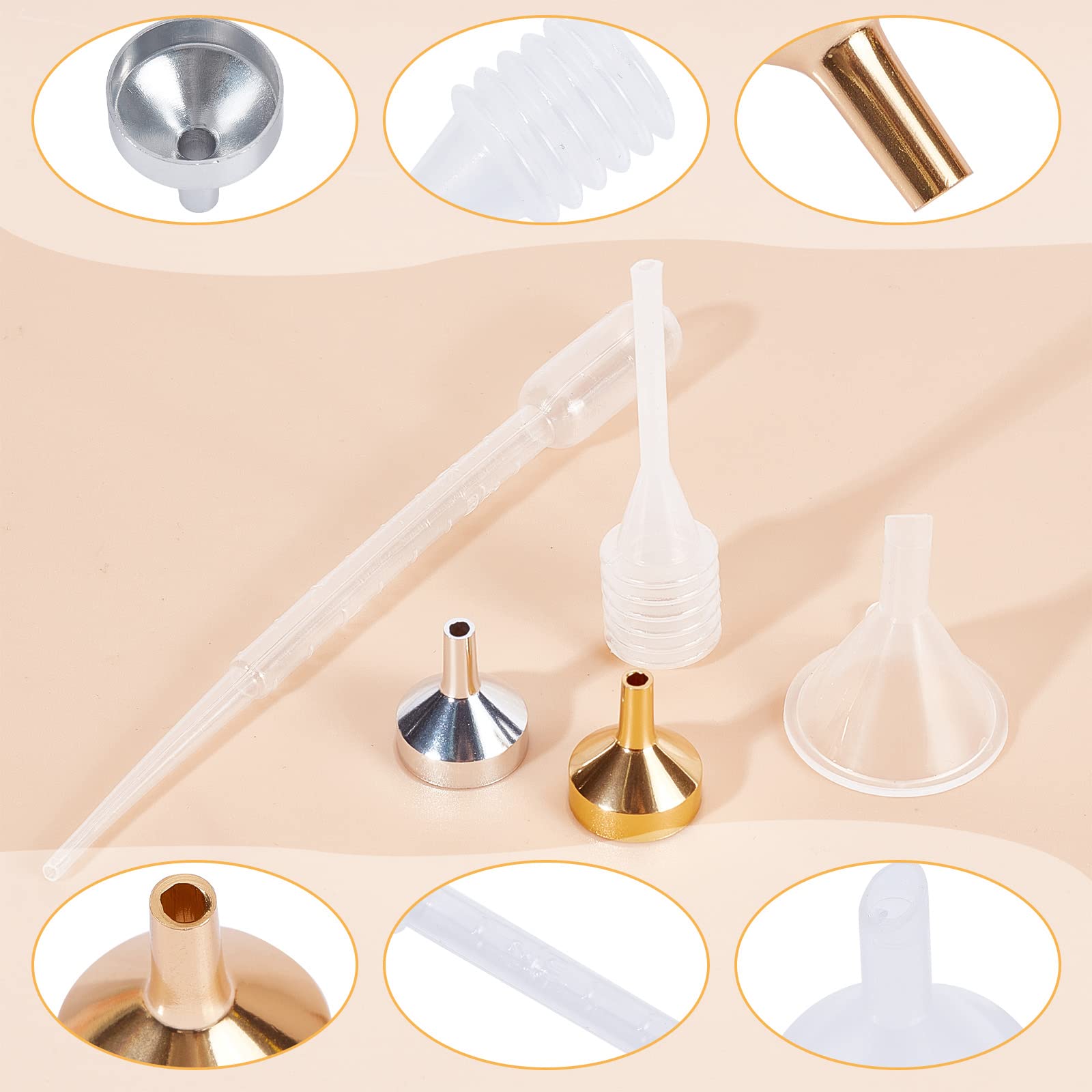 GORGECRAFT 25Pcs 5 Style Small Metal Funnels Essential Oil Funnel Kit and Dropper with Plastic Transfer Pipettes for Liquid Powder Transfer Filling Small Mini Bottles Or Containers Perfume