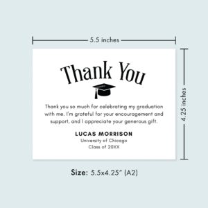 Hello Love Goods Graduation Thank You Cards Personalized with Name and School, 5.5x4.25 Black and White Flat Thank You Note Cards with Envelopes