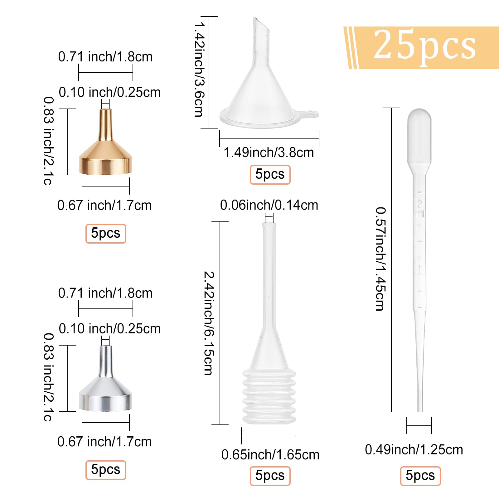 GORGECRAFT 25Pcs 5 Style Small Metal Funnels Essential Oil Funnel Kit and Dropper with Plastic Transfer Pipettes for Liquid Powder Transfer Filling Small Mini Bottles Or Containers Perfume