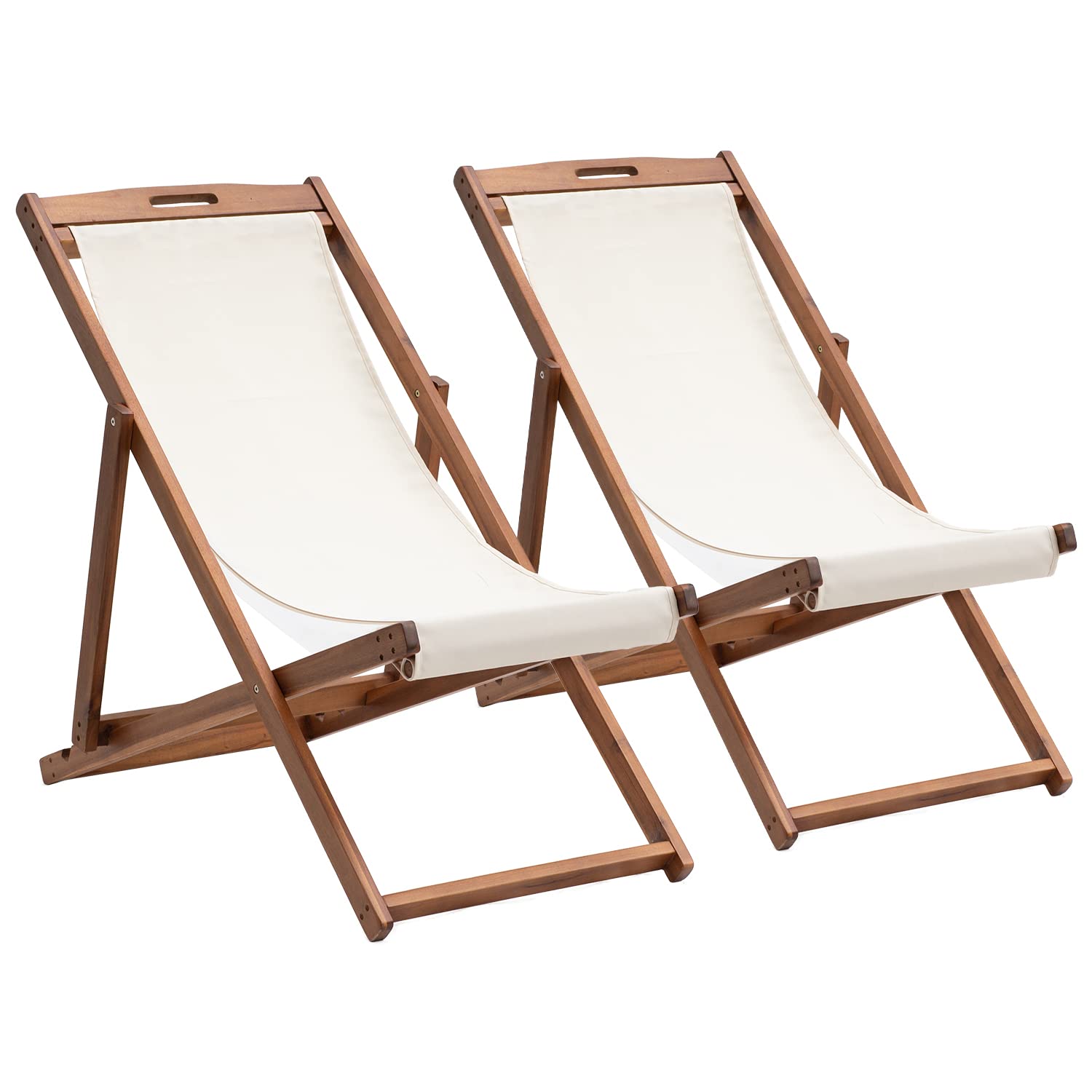 2 Set Outdoor Wooden Patio Lounge Chair Beach Sling Chair Set Height Portable Reclining Beach Chair Solid Wood Frame with White Polyester Canvas 3 Level,Blue