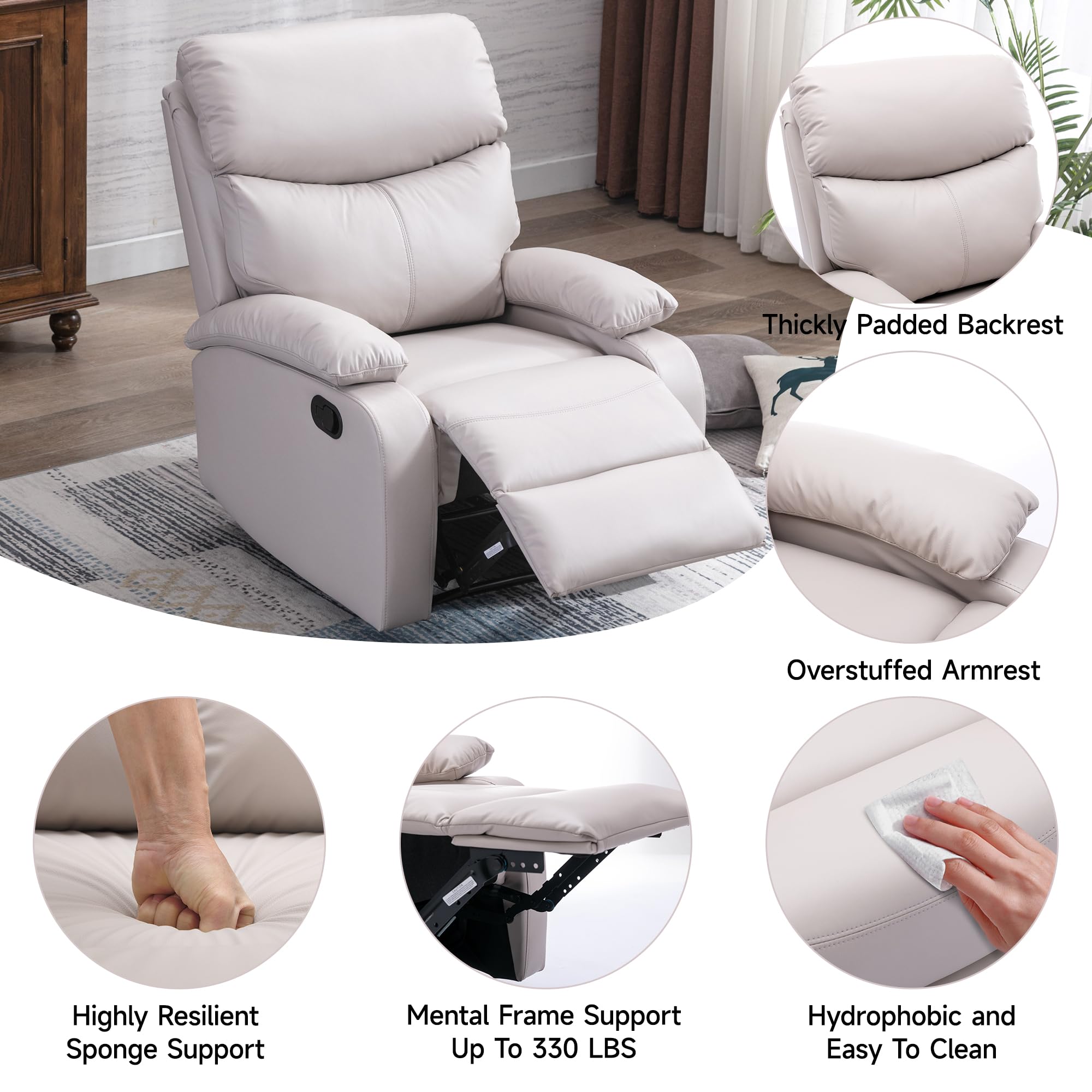 GNMLP2020 Manual Recliner Chairs for Adults, PU Leather Small Recliner Chair for Small Space, RV, Lazy Boy Single Sofa Chairs, Beige