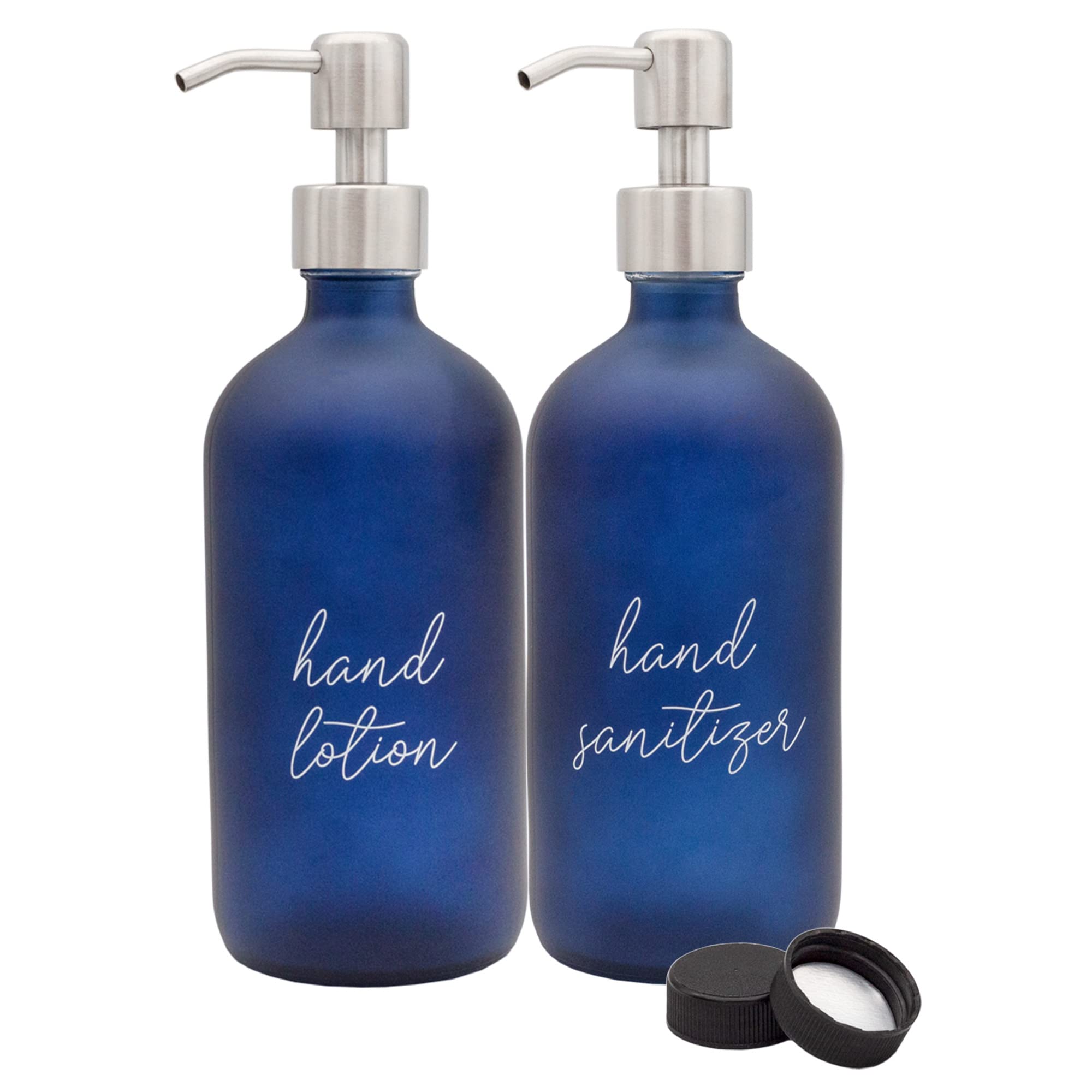 Darware Navy Lotion/Sanitizer Pump Bottles (Set of 2, Navy Blue); Glass Pump Dispenser Bottles for Hand Care, Pre-Labeled