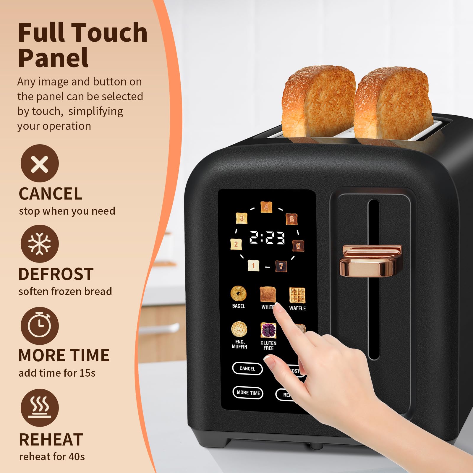 SEEDEEM Toaster 2 Slice, Touch Control Stainless Toaster LCD Display, 50% Faster Heating Speed, 1.4'' Wide Slots, More Timer Functions, Removable Crumb Tray, 1350W, Dark Chocolate