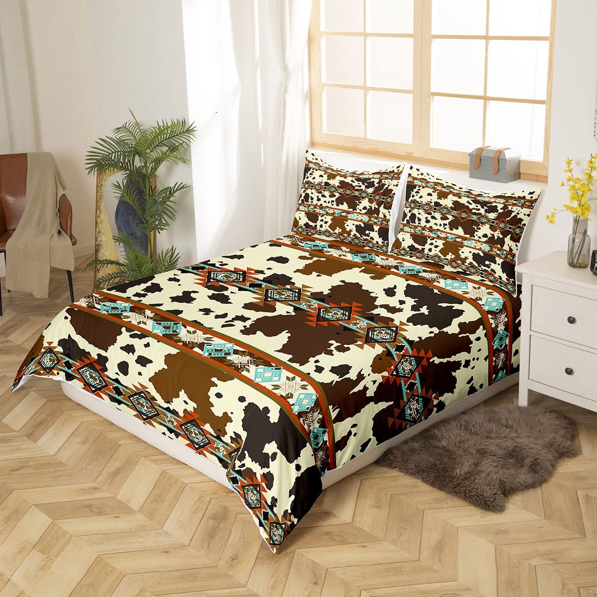 Erosebridal Cowhide Duvet Cover Western Bedding Set,Brown Highland Cow Print Comforter Cover Exotic Aztec Diamond King Bed Set,Farm Animals Bull Cattle Skin Room Decor Cowboys Gifts for Women