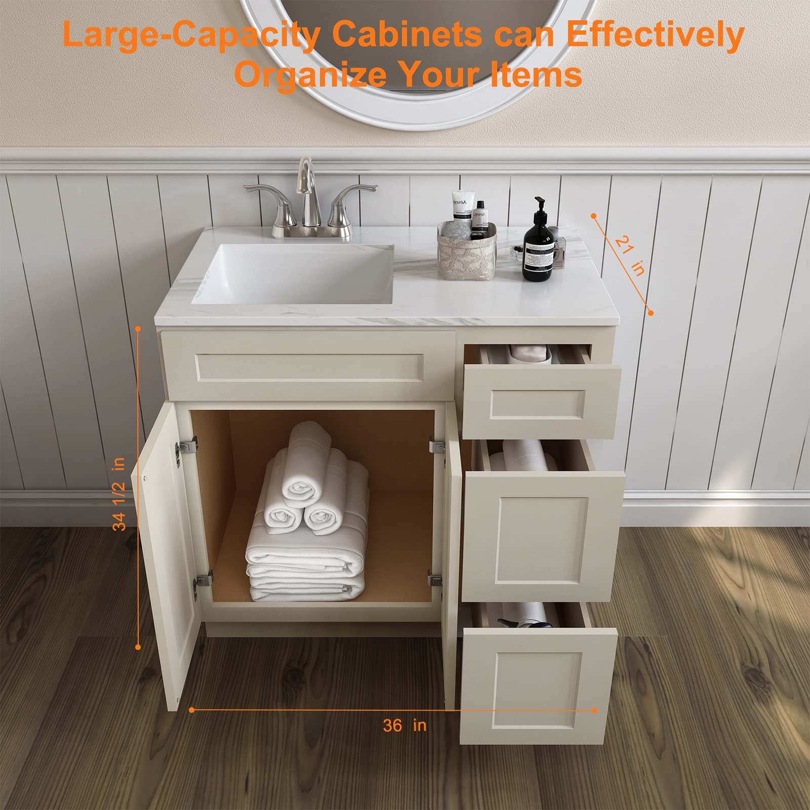 LOVMOR 36'' Bathroom Vanity Sink Base Cabinet with 2-Doors, Storage Cabinet with 3-Drawers on The Right, Suitable for Bathrooms, Kitchens, Laundry Rooms and Other Places.