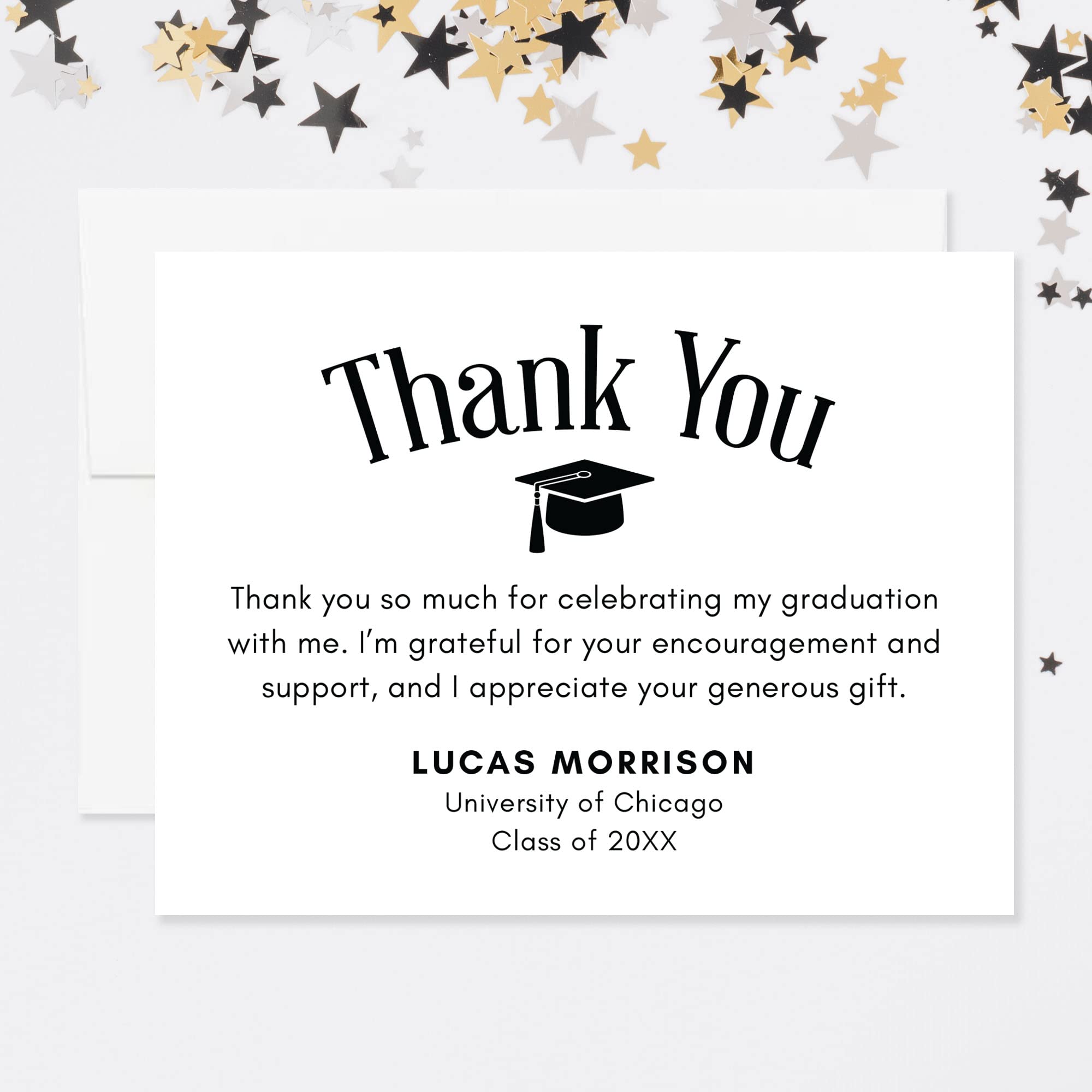 Hello Love Goods Graduation Thank You Cards Personalized with Name and School, 5.5x4.25 Black and White Flat Thank You Note Cards with Envelopes