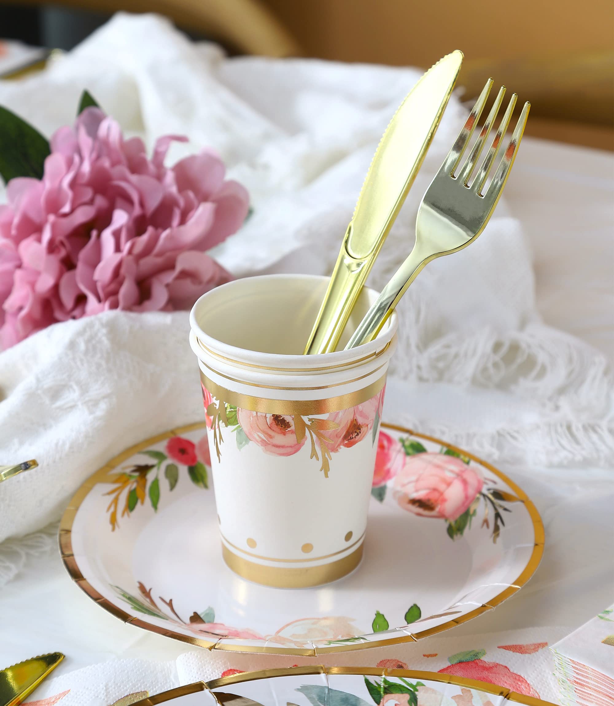 Floral Paper Plates and Napkins Party Supplies - Serves 16 - Flower Plates Floral Party Cups Knifes Forks Floral Baby Shower Decorations for Girl Pink and Gold Bridal Shower Tea Party Birthday