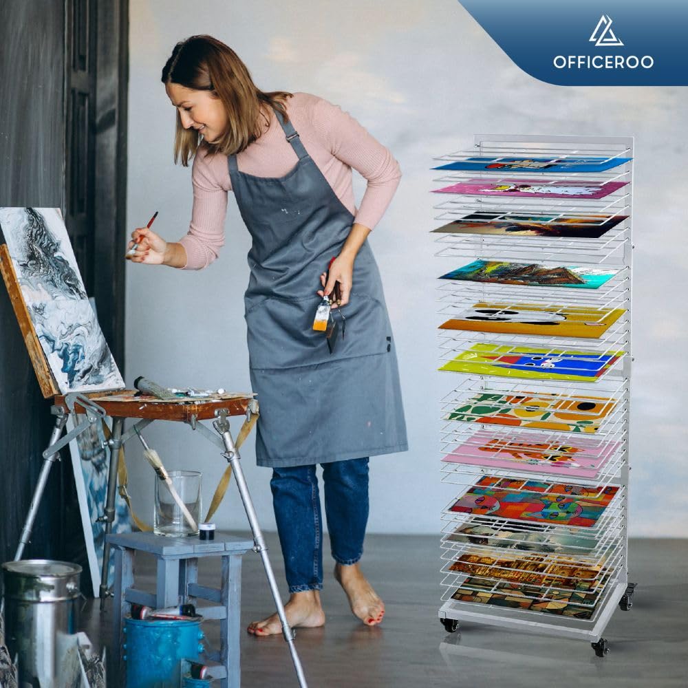 OFFICEROO Art Drying Rack for Classroom - 36 Removable Shelves - Efficient and Organized Drying Rack Art for Students' Masterpieces - Sturdy Paint Drying Rack with Lockable Wheels