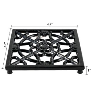 Square Cast Iron Trivet for Kitchen Countertop，Recycled Metal Heat Resistant Trivets with Rubber Pegs，Rustic Decorative Trivet for Hot Dishes Pot Pan Teapot for Kitchen Dining Table, Black