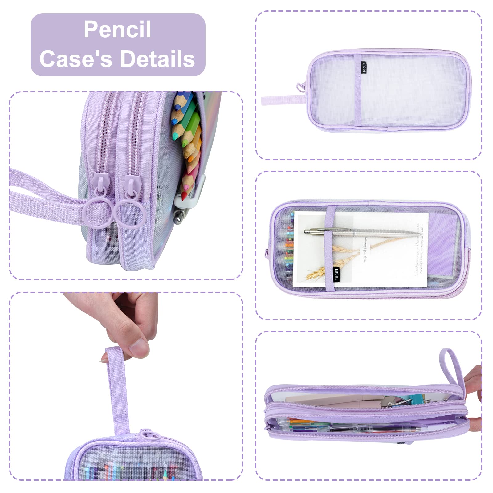 EOOUT Grid Mesh Pencil Case with Zipper, Transparent Pencil Pouch Clear Makeup Bag Multi-Purpose Organizer Box for School College Travel (Purple)