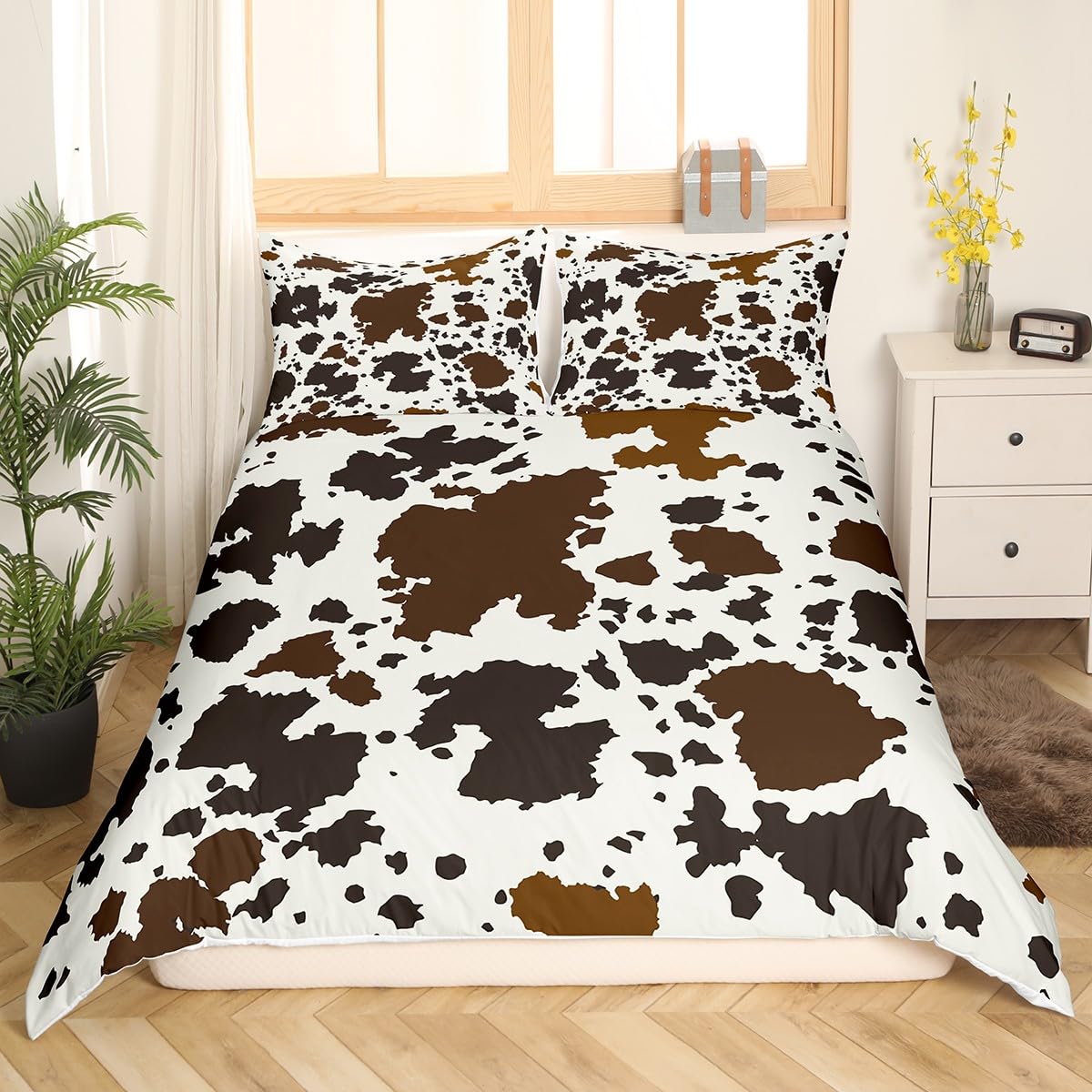 Erosebridal Brown Cowhide Comforter Cover Western Animals Duvet Cover,Black White Longhorn Highland Cow Skin Bedding Set Animal Hide Fur Hair Spot King Bed Set,Cowboy Farmhouse Room Decor