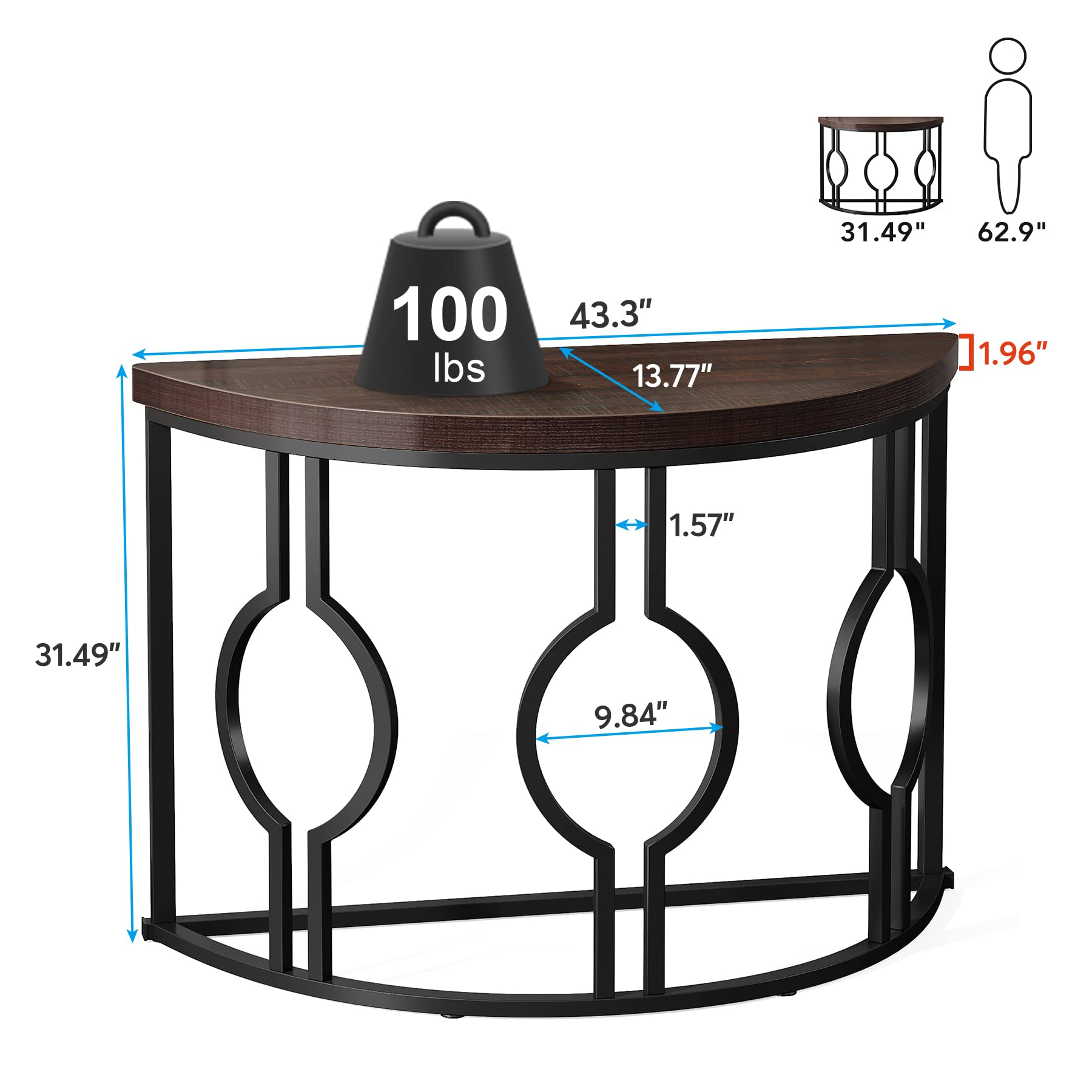 Tribesigns Half Moon Console Table for Entryway, 43 Inch Industrial Semi Circle Sofa Table with Geometric Base, Wood Accent Table for Living Room, Hallway, Foyer, Entrance, Rustic Brown