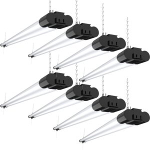 sunco 8 pack linkable led utility shop light, 4500 lm, 6000k daylight deluxe, 4 ft, 48 inch integrated fixture for garage, 40w equivalent 150w, surface + suspension mount, black