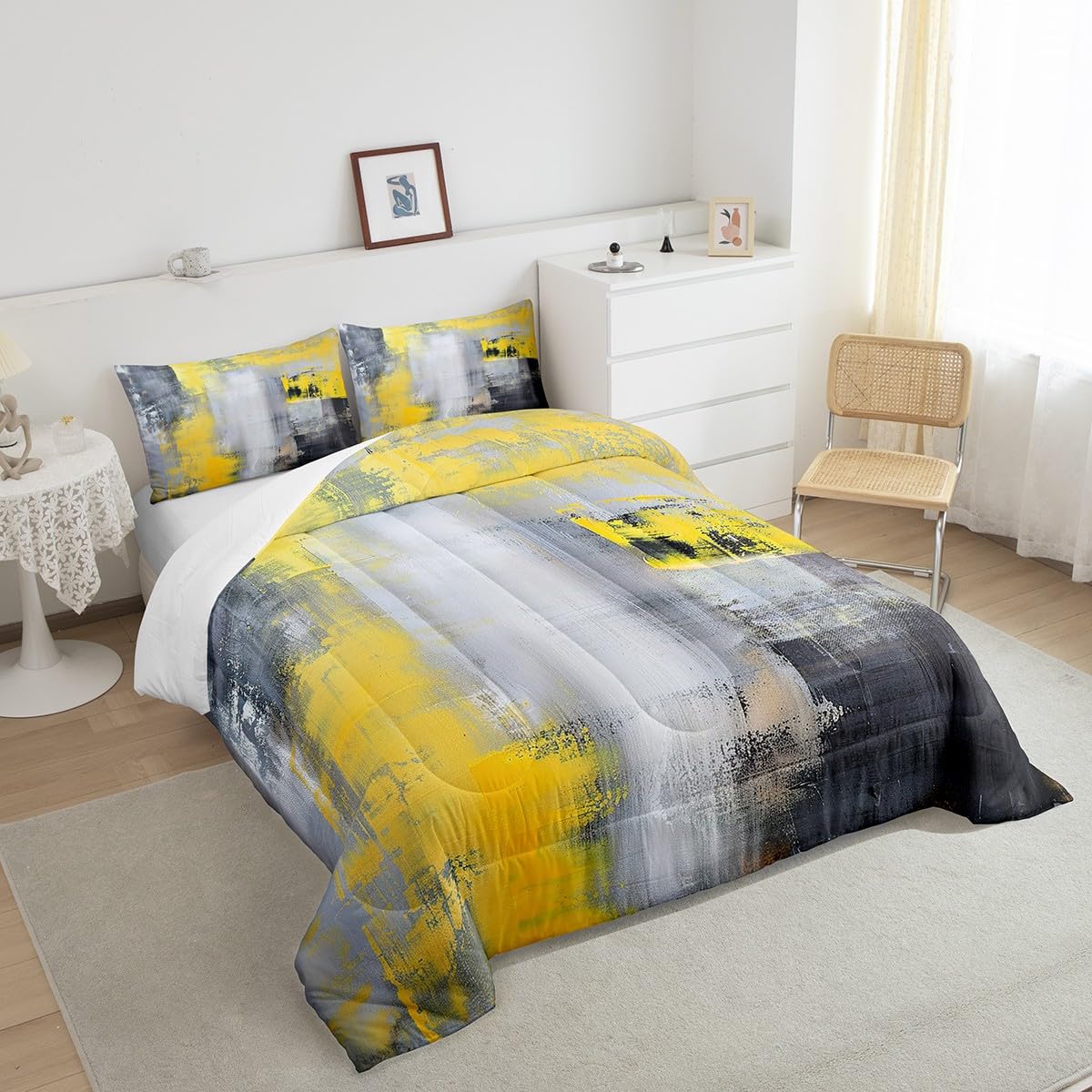 Homewish Modern Abstract Art Comforter Set Queen Size,Yellow and Black Ombre Bedding Set for Kids Boys Girls Bedroom Decoration,Retro Graffiti Bed Duvet Insert,Painting Comforter with 2 Pillowcase