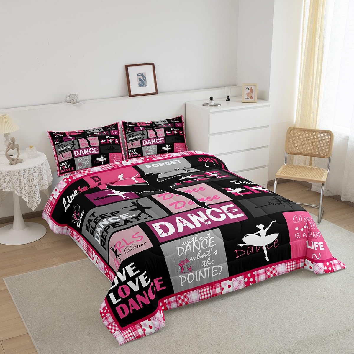 Manfei Dance Comforter Set Queen Size, Ballet Dance Theme Quilt Set with 2 Pillowcases, Ballet Princess Dancer Bedding Set 3pcs for Kids Girls Bedroom Decor, Abstract Art Duvet Insert