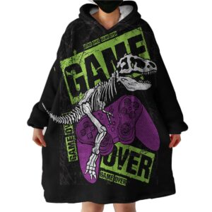 sleepwish cute hoodie wearable blanket sweatshirt for boys girls dinosaur skeleton playing video game hoodie blanket hooded blanket black purple, super warm cozy blanket (kids 54" x 28")